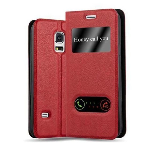 Cadorabo Hülle für Samsung Galaxy S5 MINI / S5 MINI DUOS in SAFRAN ROT Handyhülle mit Magnetverschluss, Standfunktion und 2 Sichtfenstern Case Cover Schutzhülle Etui Tasche Book Klapp Style