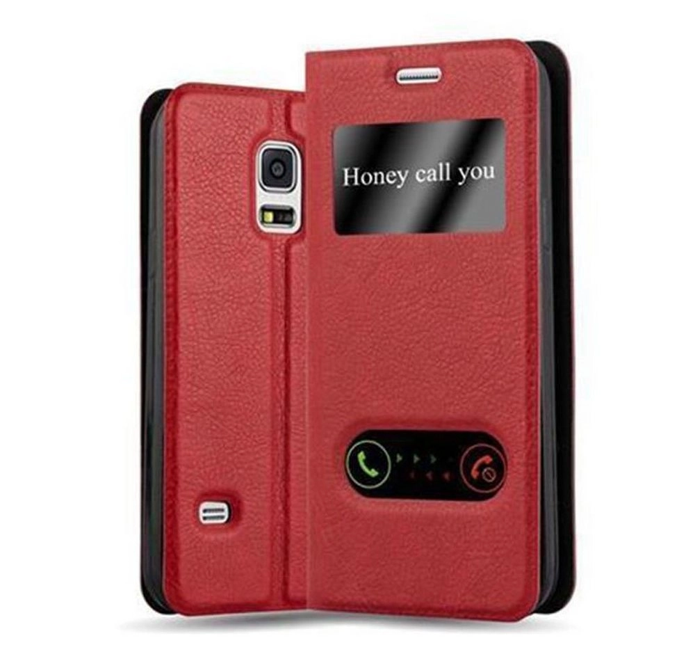 Cadorabo Hülle für Samsung Galaxy S5 MINI / S5 MINI DUOS in SAFRAN ROT Handyhülle mit Magnetverschluss, Standfunktion und 2 Sichtfenstern Case Cover Schutzhülle Etui Tasche Book Klapp Style