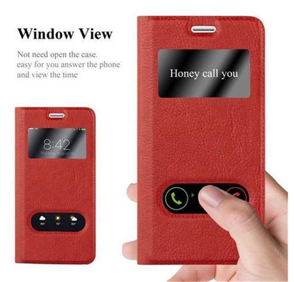 Cadorabo Hülle für Samsung Galaxy S5 MINI / S5 MINI DUOS in SAFRAN ROT Handyhülle mit Magnetverschluss, Standfunktion und 2 Sichtfenstern Case Cover Schutzhülle Etui Tasche Book Klapp Style