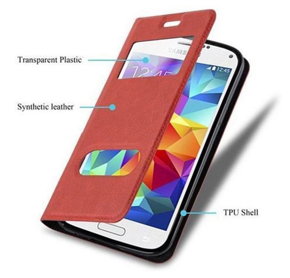 Cadorabo Hülle für Samsung Galaxy S5 MINI / S5 MINI DUOS in SAFRAN ROT Handyhülle mit Magnetverschluss, Standfunktion und 2 Sichtfenstern Case Cover Schutzhülle Etui Tasche Book Klapp Style