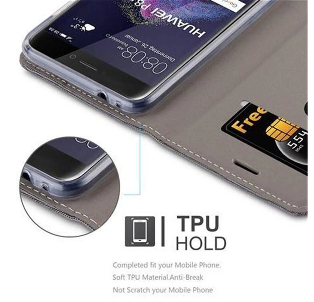 Cadorabo Hülle für Huawei P8 LITE 2017 in GRAU SCHWARZ Handyhülle mit Magnetverschluss, Standfunktion und Kartenfach Case Cover Schutzhülle Etui Tasche Book Klapp Style