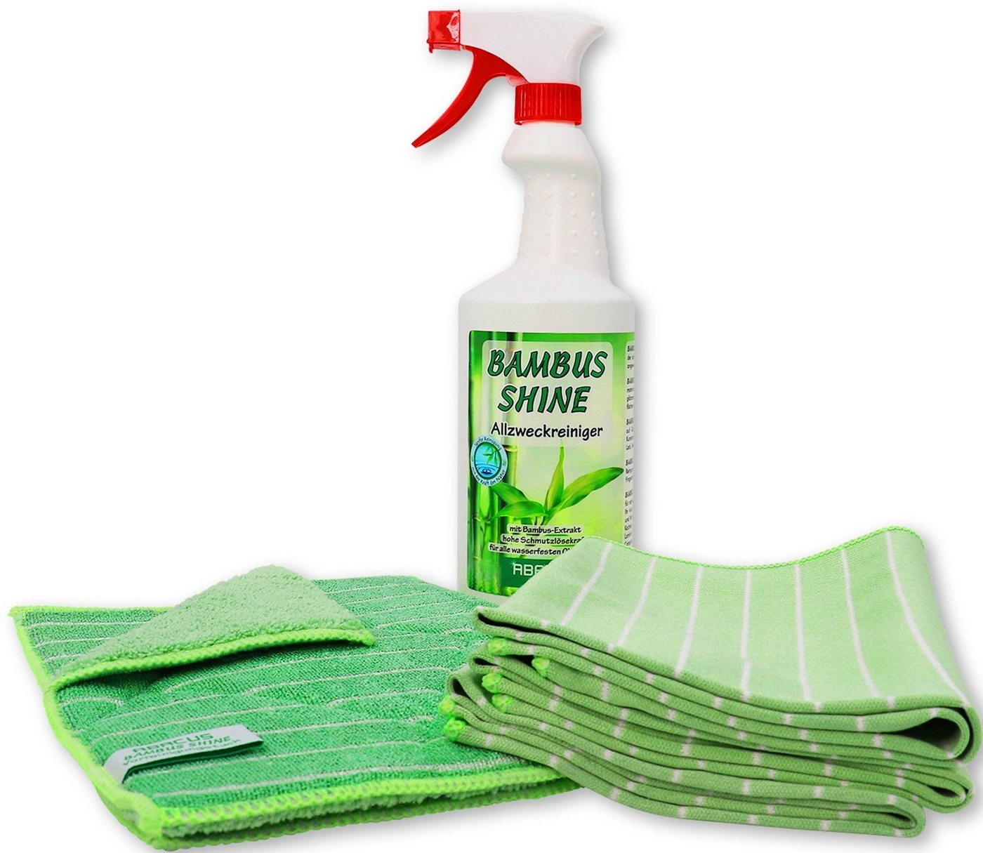 ABACUS »Bambus Shine« Flüssigreiniger (Set, 6-tlg., (1x 750 ml Bambus Shine Allzweckreiniger, 1x 3er Set Bambus Shine Glas- & Geschirrtuch, 1x 2er Set Bambus Shine Vorreinigungstuch), vielseitig einsetzbar)
