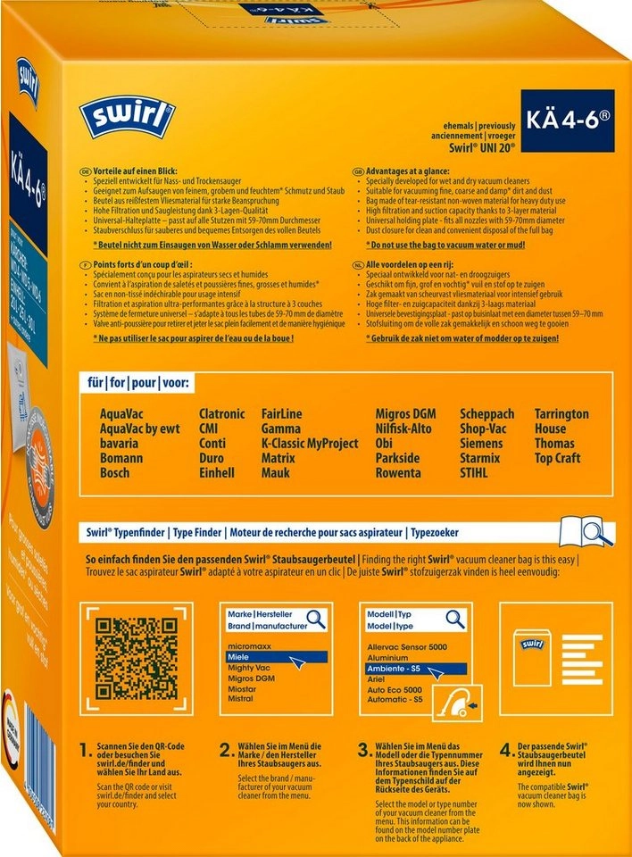 Swirl Staubsaugerbeutel KÄ 4-6®, 3 Stück, Staubsaugerbeutel für Kärcher & Einhell Nass- und Trockensauger