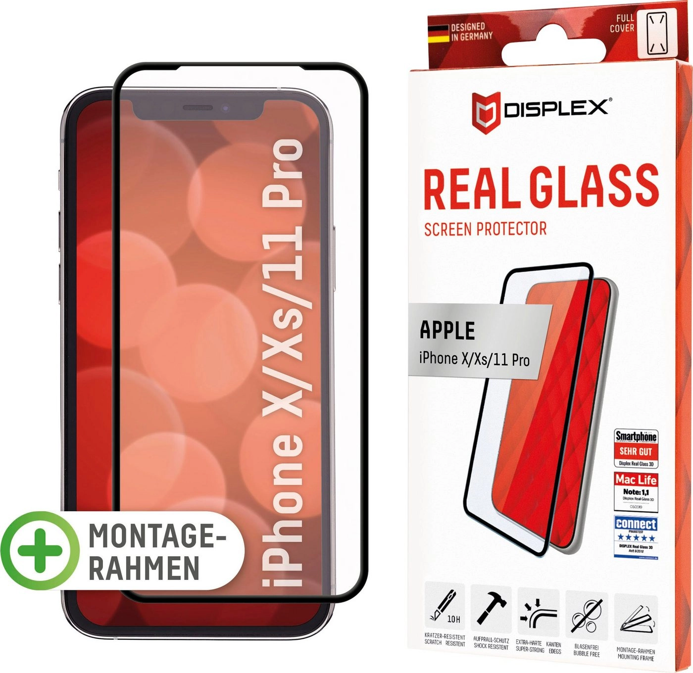 Displex »DISPLEX Real Glass Panzerglas für Apple iPhone X/XS/11 Pro (5,8), 10H Tempered Glass, mit Montagerahmen, Full Cover« für Apple iPhone 11 Pro, Displayschutzglas, 1 Stück