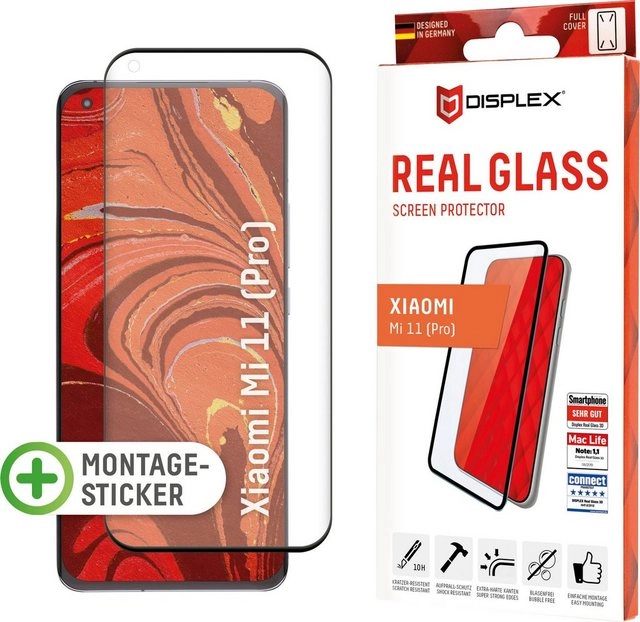 Displex »DISPLEX Real Glass Panzerglas für Xiaomi Mi 11/11 Pro/11 Ultra (6,8), 10H Tempered Glass, mit Montagesticker, Full Cover« für Xiaomi Mi 11/11 Pro/11 Ultra, Displayschutzglas, 1 Stück