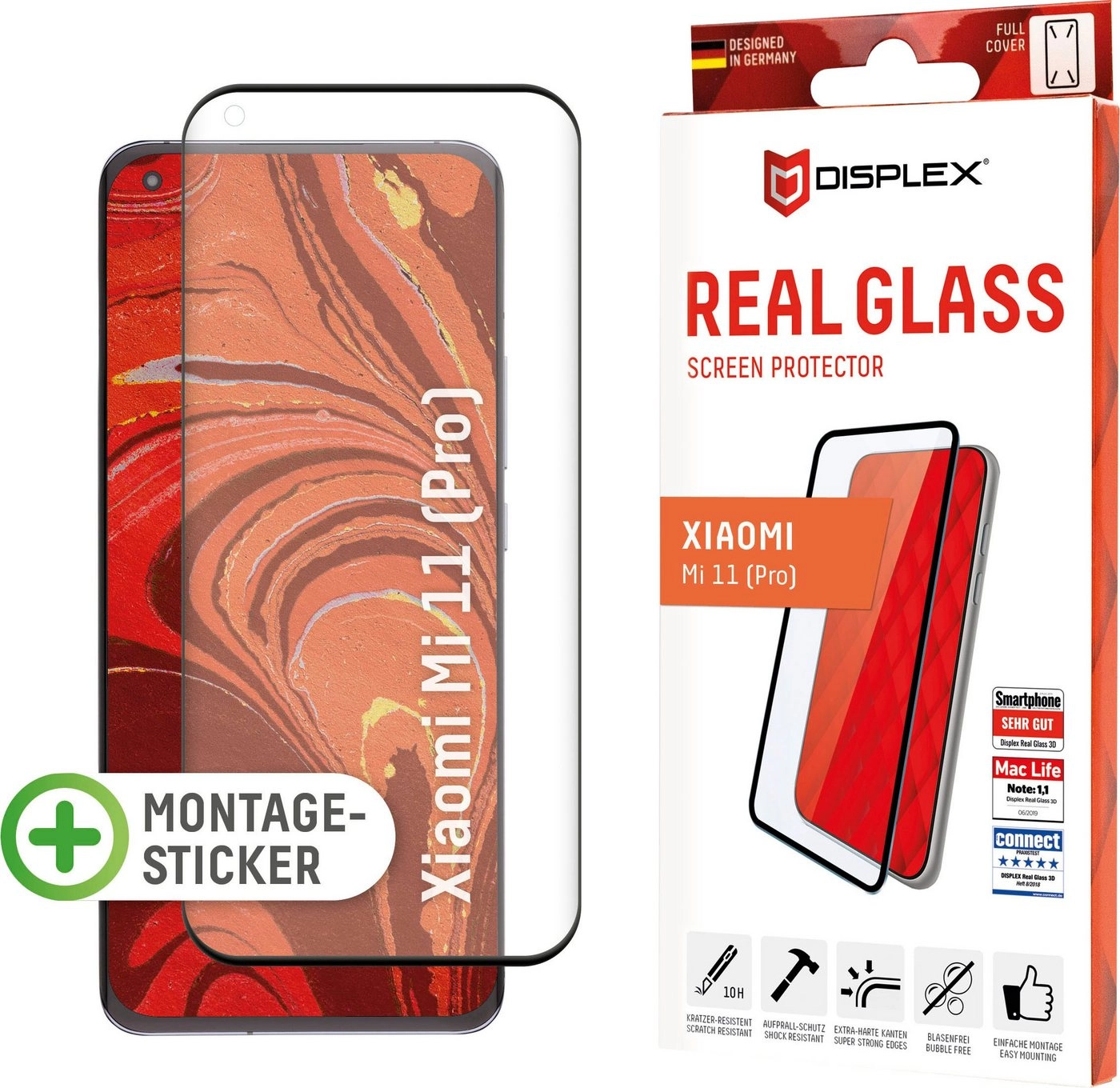 Displex »DISPLEX Real Glass Panzerglas für Xiaomi Mi 11/11 Pro/11 Ultra (6,8), 10H Tempered Glass, mit Montagesticker, Full Cover« für Xiaomi Mi 11/11 Pro/11 Ultra, Displayschutzglas, 1 Stück