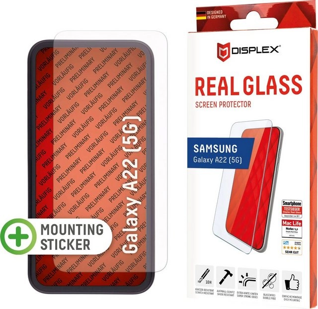 Displex »DISPLEX Real Glass Panzerglas für Samsung Galaxy A22 5G (6,5), 10H Tempered Glass, mit Montagerahmen, 2D« für Samsung Galaxy A22 (5G), Displayschutzfolie