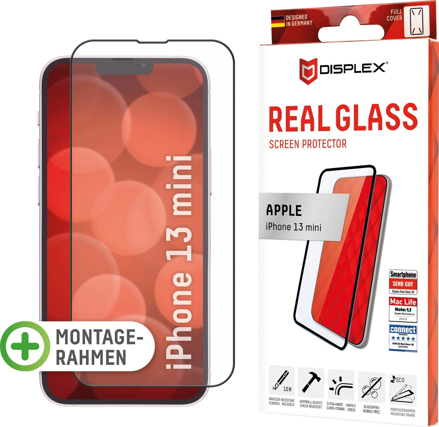 Displex »DISPLEX Full Cover Panzerglas (10H) für Apple iPhone 13 mini, Eco-Montagerahmen, volle Displayabdeckung, Tempered Glas, kratzer-resistente Schutzfolie, hüllenfreundlich«, Displayschutzfolie