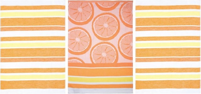 stuco Geschirrtuch »Summer Fruits Orange«, (Set, 3-tlg., 1x Geschirrtuch mit Früchte-Motiv, passend dazu 2 weitere Geschirrtücher in Streifenoptik), Jacquardgewebe