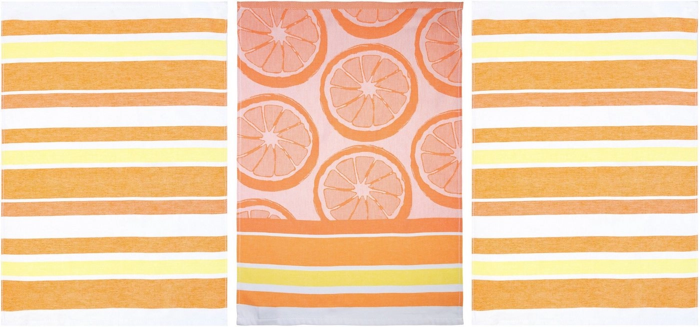 stuco Geschirrtuch »Summer Fruits Orange«, (Set, 3-tlg., 1x Geschirrtuch mit Früchte-Motiv, passend dazu 2 weitere Geschirrtücher in Streifenoptik), Jacquardgewebe