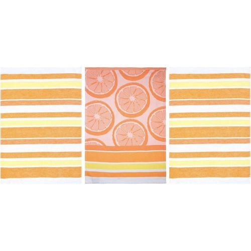stuco Geschirrtuch »Summer Fruits Orange«, (Set, 3-tlg., 1x Geschirrtuch mit Früchte-Motiv, passend dazu 2 weitere Geschirrtücher in Streifenoptik), Jacquardgewebe