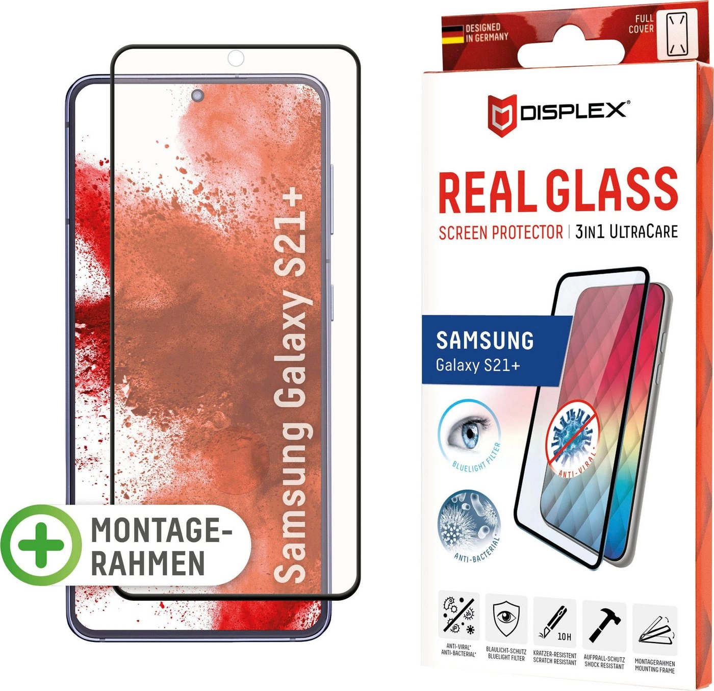 Displex »DISPLEX Ultra Care Glass Panzerglas für Samsung Galaxy S21+ (6,7), 10H Tempered Glass, mit Montagerahmen, Full Cover« für Samsung Galaxy S21+, Displayschutzglas, 1 Stück