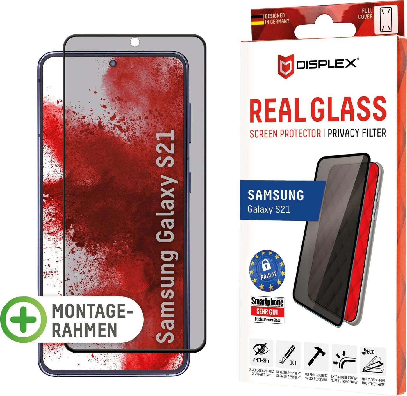 Displex »DISPLEX Privacy Glass Panzerglas für Samsung Galaxy S21 5G (6,2), 10H Tempered Glass, mit Montagerahmen, Full Cover« für Samsung Galaxy S21, Displayschutzfolie