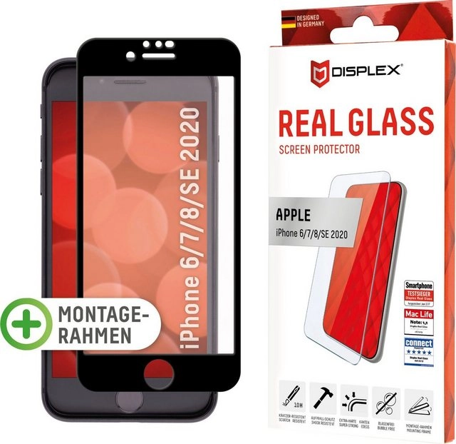 Displex »DISPLEX Real Glass Panzerglas für Apple iPhone 6/7/8/SE(2020) (4,7), 10H Tempered Glass, mit Montagerahmen, Full Cover« für Apple iPhone 6, Apple iPhone 7, Apple iPhone 8, Apple iPhone SE 2020, Displayschutzglas