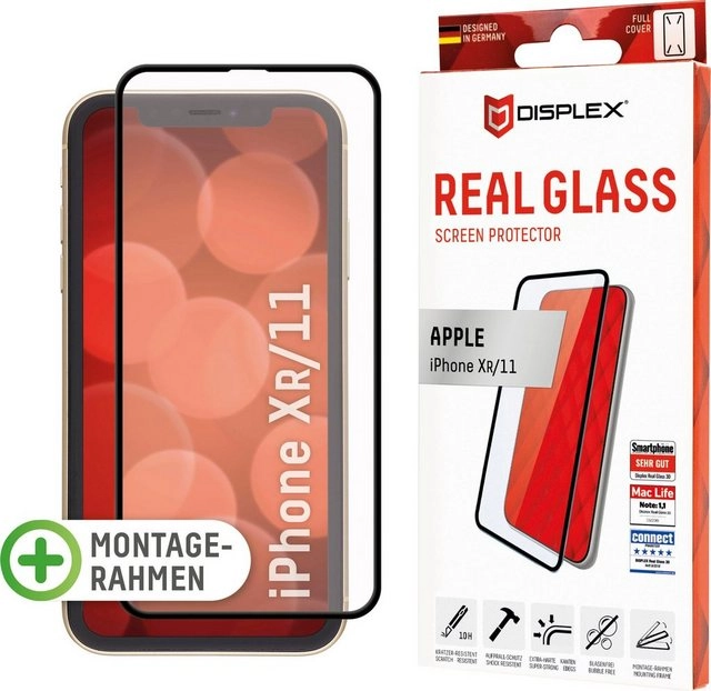 Displex »DISPLEX Real Glass Panzerglas für Apple iPhone XR/11 (6,1), 10H Tempered Glass, mit Montagerahmen, Full Cover« für Apple iPhone 11, Apple iPhone XR, Displayschutzglas