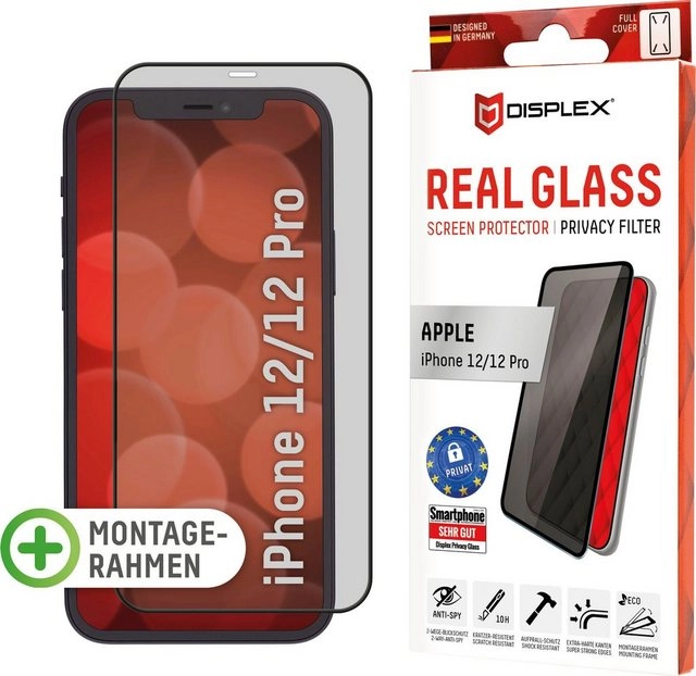 Displex »DISPLEX Privacy Glass Panzerglas für Apple iPhone 12/12 Pro (6,1), 10H Tempered Glass, mit Montagerahmen, Full Cover« für Apple iPhone 12, Apple iPhone 12 Pro, Displayschutzglas