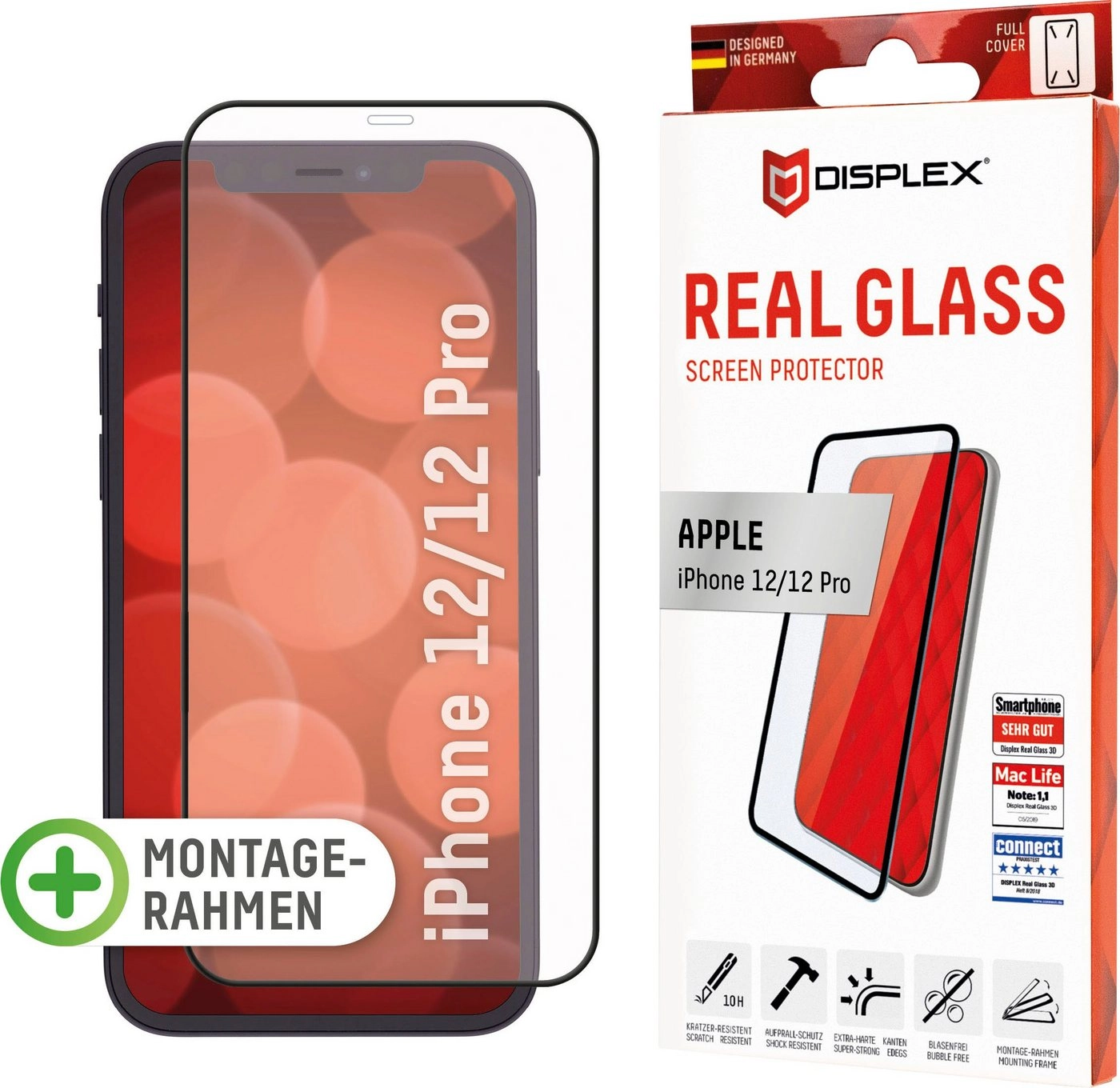 Displex »DISPLEX Real Glass Panzerglas für Apple iPhone 12/12 Pro (6,1), 10H Tempered Glass, mit Montagerahmen, Full Cover« für Apple iPhone 12 / 12 Pro, Displayschutzglas, 1 Stück