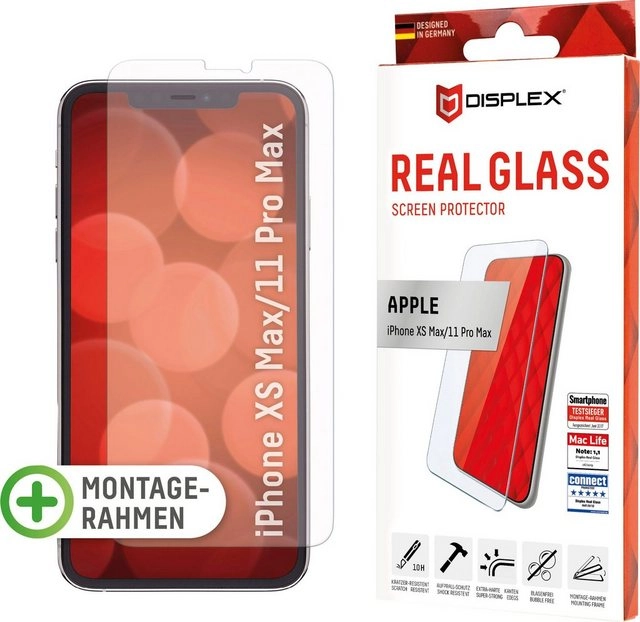 Displex »DISPLEX Real Glass Panzerglas für Apple iPhone XS Max/11 Pro Max (6,5), 10H Tempered Glass, mit Montagerahmen, 2D« für Apple iPhone 11 Pro Max, Apple iPhone XS Max, Displayschutzglas