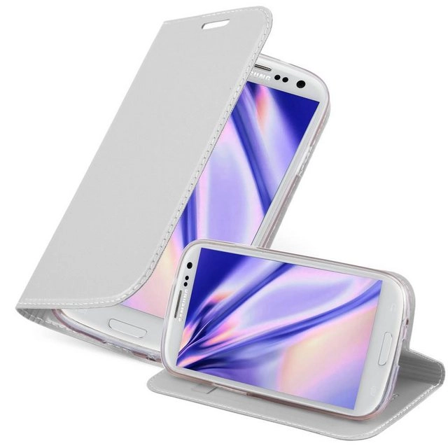 Cadorabo Hülle für Samsung Galaxy S3 / S3 NEO in CLASSY SILBER Handyhülle mit Magnetverschluss, Standfunktion und Kartenfach Case Cover Schutzhülle Etui Tasche Book Klapp Style
