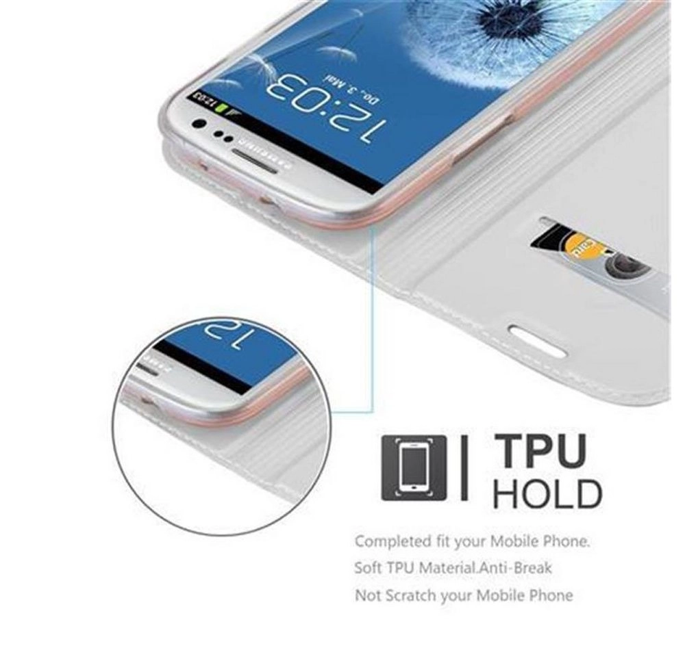 Cadorabo Hülle für Samsung Galaxy S3 / S3 NEO in CLASSY SILBER Handyhülle mit Magnetverschluss, Standfunktion und Kartenfach Case Cover Schutzhülle Etui Tasche Book Klapp Style