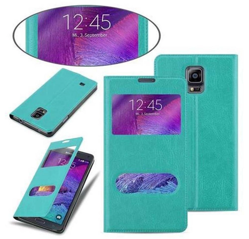 Cadorabo Hülle für Samsung Galaxy NOTE 4 in MINT TÜRKIS Handyhülle mit Magnetverschluss, Standfunktion und 2 Sichtfenstern Case Cover Schutzhülle Etui Tasche Book Klapp Style
