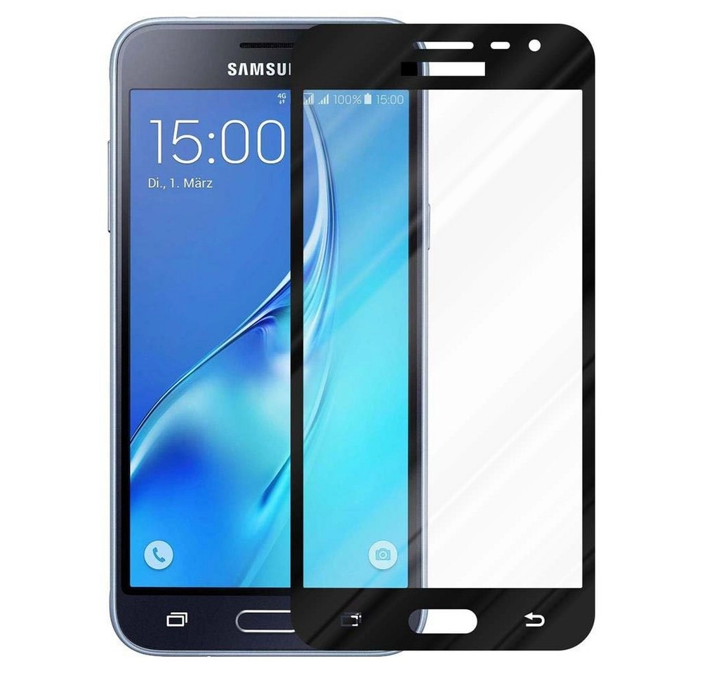 Cadorabo Vollbild Panzer Folie für Samsung Galaxy J3 / J3 DUOS 2016 Schutzfolie in TRANSPARENT mit SCHWARZ Gehärtetes (Tempered) Display-Schutzglas in 9H Härte mit 3D Touch Kompatibilität