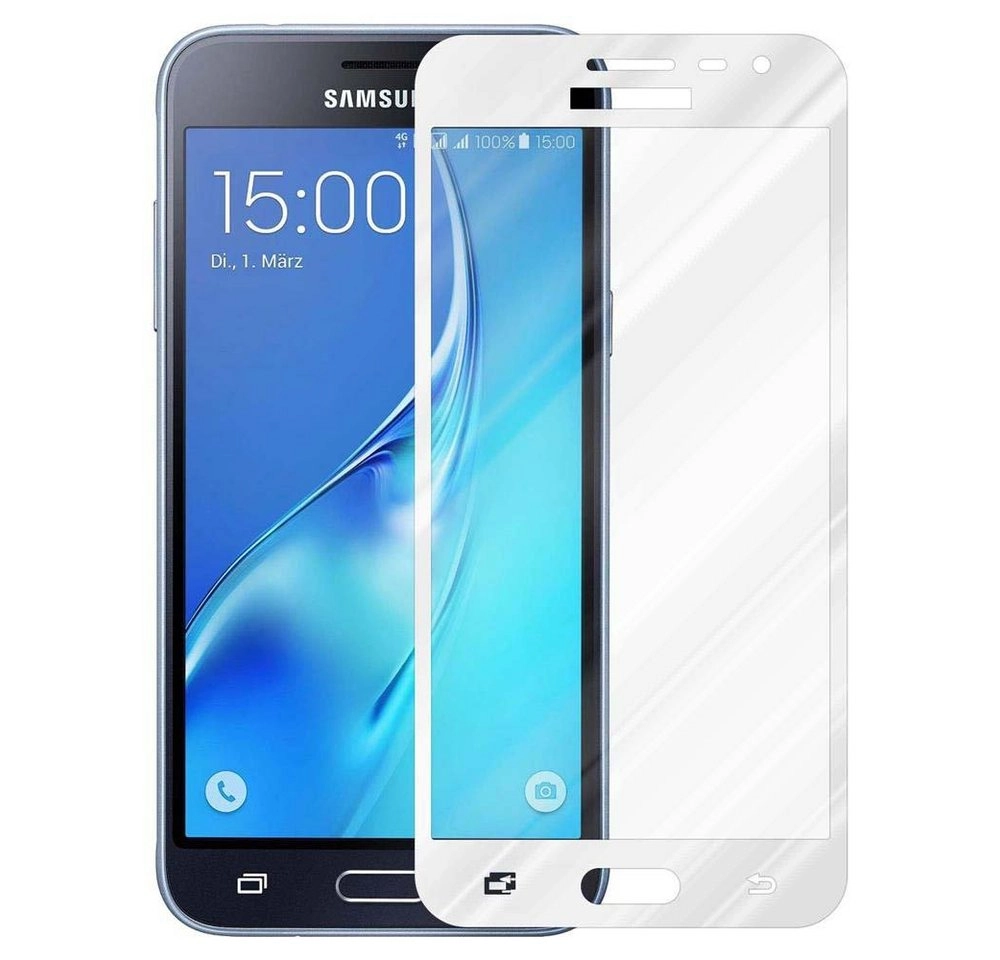 Cadorabo Vollbild Panzer Folie für Samsung Galaxy J3 / J3 DUOS 2016 Schutzfolie in TRANSPARENT mit WEISS Gehärtetes (Tempered) Display-Schutzglas in 9H Härte mit 3D Touch Kompatibilität