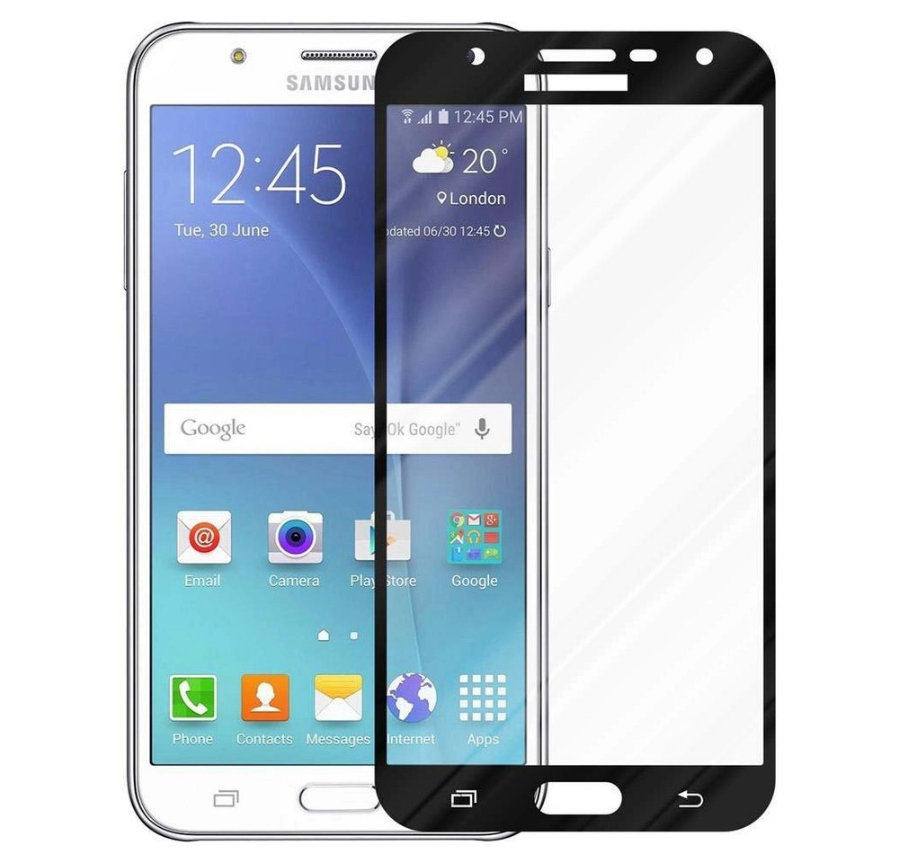 Cadorabo Vollbild Panzer Folie für Samsung Galaxy J7 2015 Schutzfolie in TRANSPARENT mit SCHWARZ Gehärtetes (Tempered) Display-Schutzglas in 9H Härte mit 3D Touch Kompatibilität