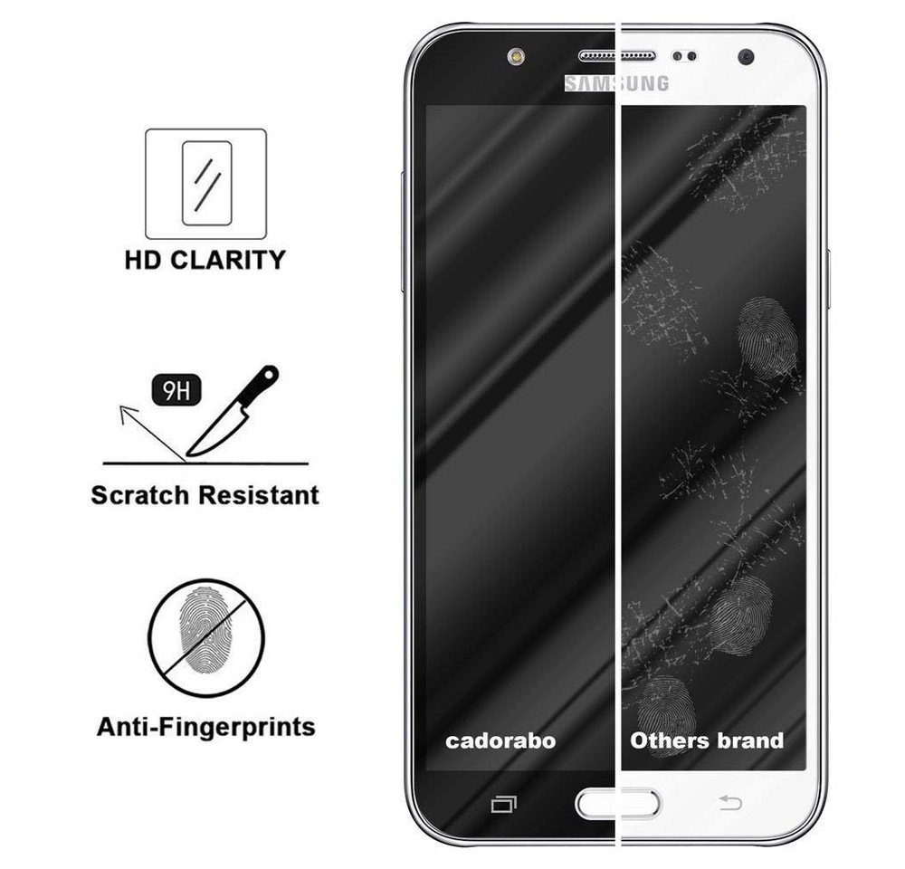 Cadorabo Vollbild Panzer Folie für Samsung Galaxy J7 2015 Schutzfolie in TRANSPARENT mit SCHWARZ Gehärtetes (Tempered) Display-Schutzglas in 9H Härte mit 3D Touch Kompatibilität