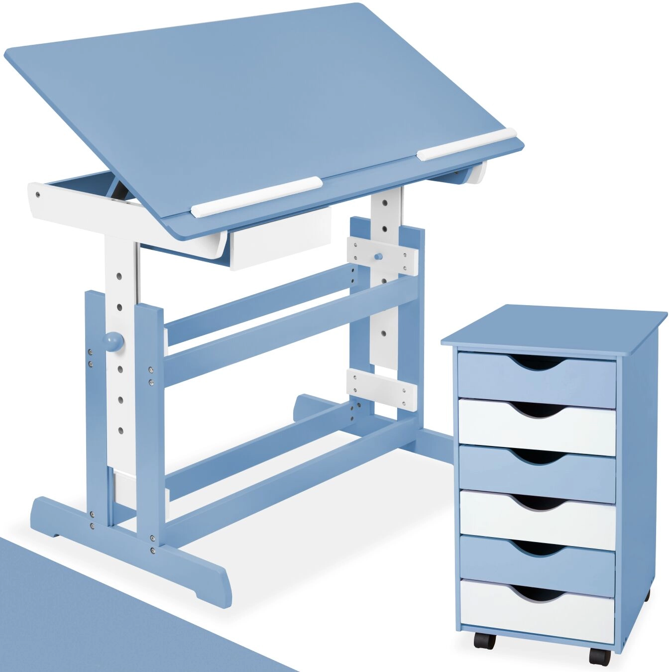 Schreibtisch höhenverstellbar und Rollcontainer - blau