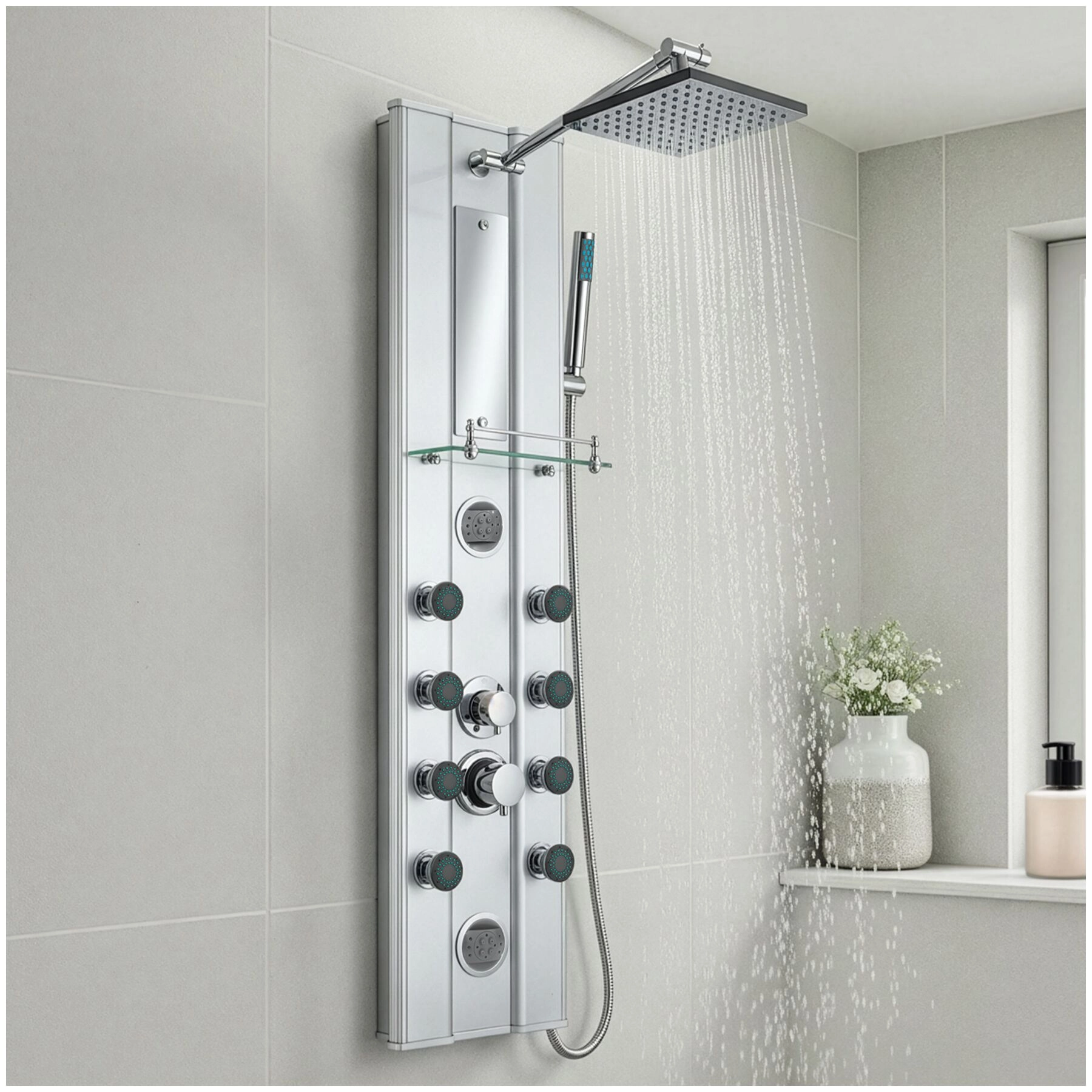 Duschpaneel aus Aluminium mit 10 Massagejets - silber
