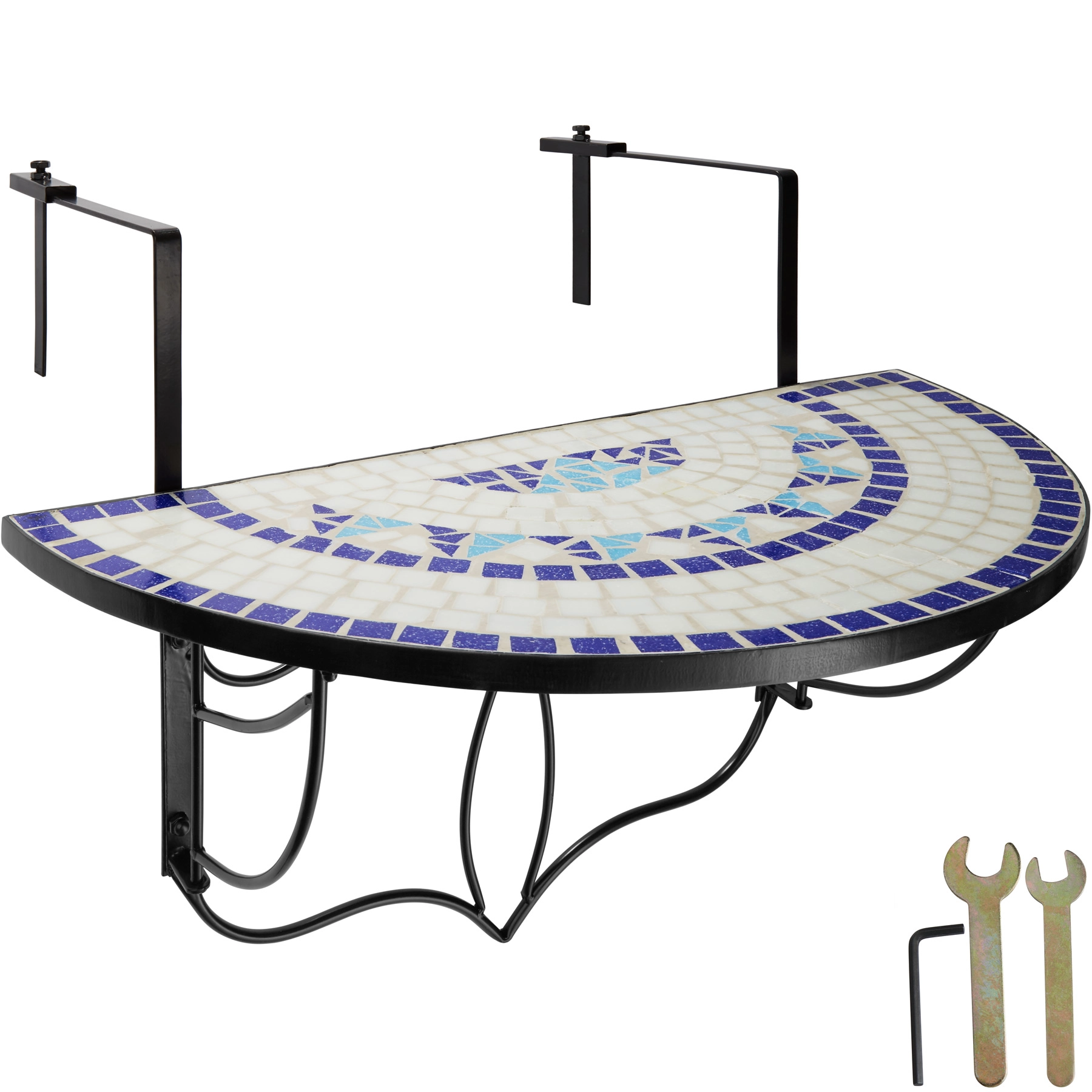 Balkontisch zum Einhängen mit Mosaikmuster klappbar 75x65x62cm - weiß/blau