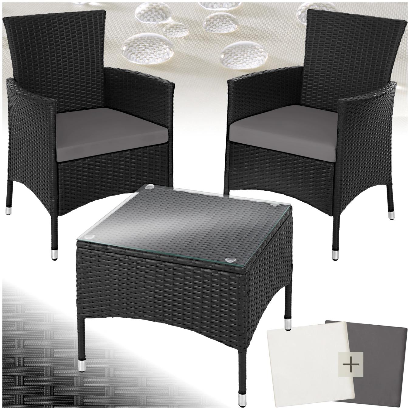 Rattan Gartenset Luzern 2+1 inkl. Bezüge in 2 Farben - schwarz