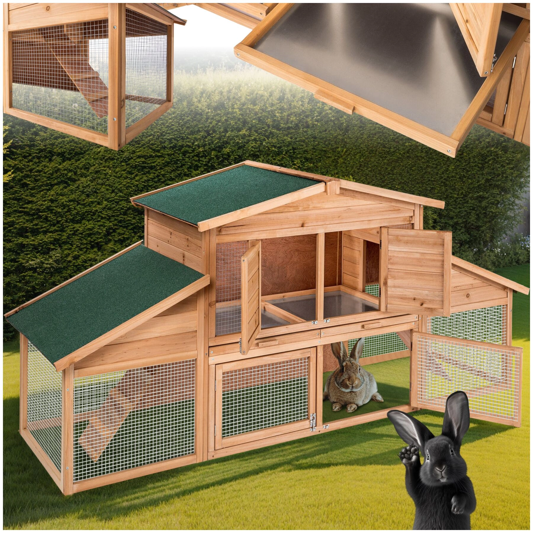 Kleintierstall XXL doppelstöckig mit Ruhezone 226x77x95,5cm - braun