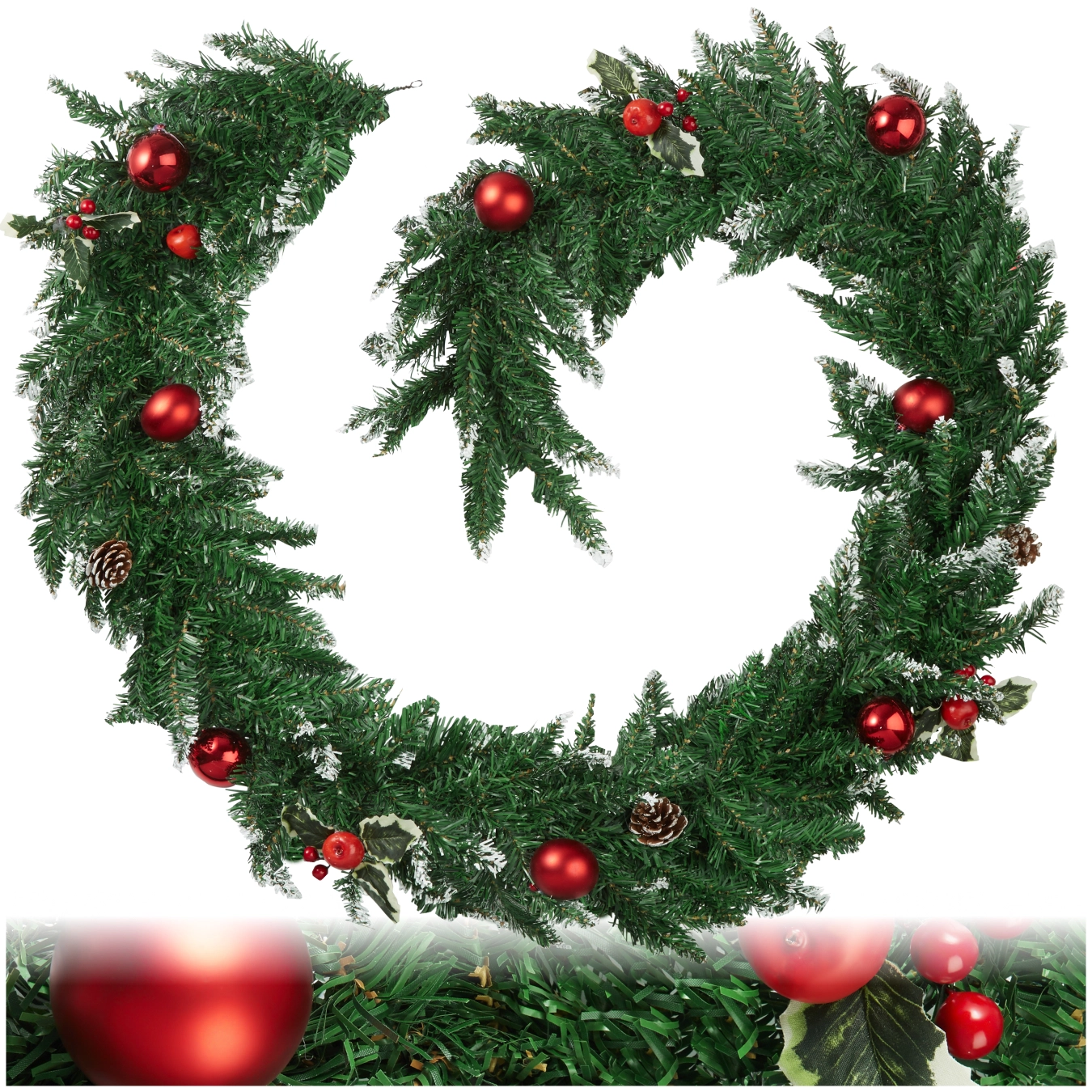 Weihnachtsgirlande naturgetreu mit Kugeln und Tannenzapfen 2,7m - rot/grün