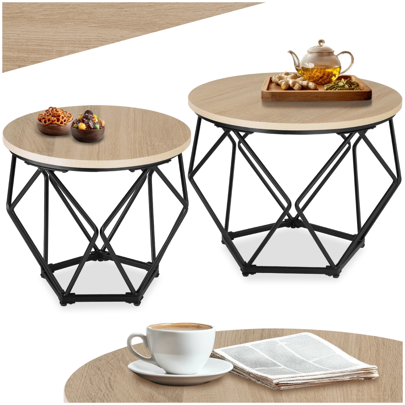 2 Couchtische Benham - Industrial Holz hell, Eiche Sonoma