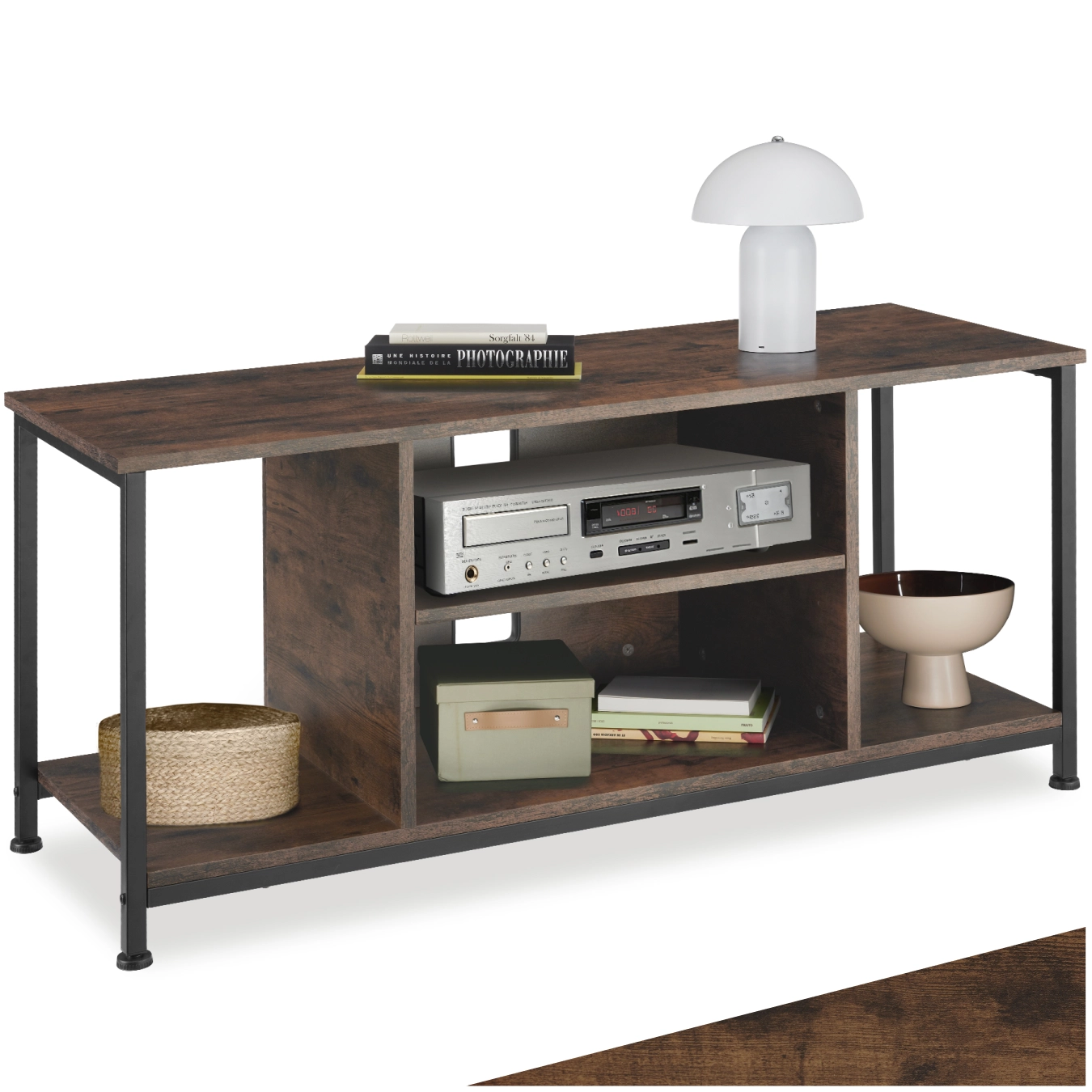 TV-Regal mit 4 offenen Fächern und verstellbarem Einlegeboden - 110 cm, Industrial Holz dunkel, rustikal