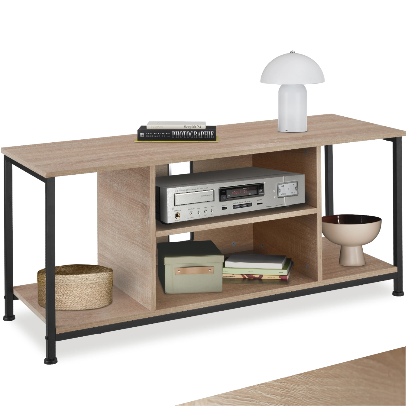 TV-Regal mit 4 offenen Fächern und verstellbarem Einlegeboden - 110 cm, Industrial Holz hell, Eiche Sonoma