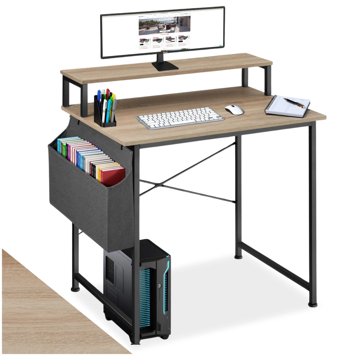 Schreibtisch mit Ablage und Stofftasche - Industrial Holz hell, Eiche Sonoma, 80 cm