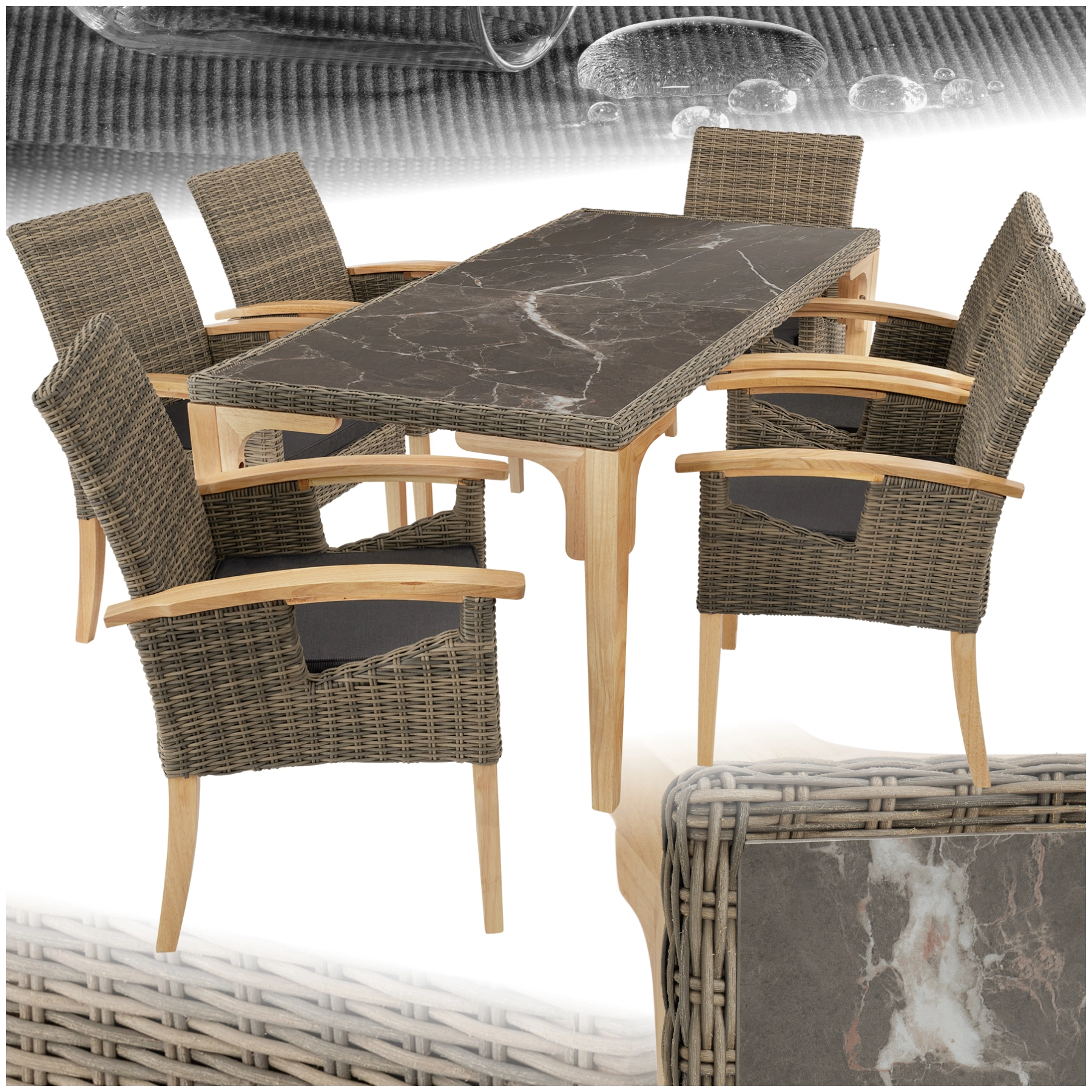 Rattan Tisch Foggia mit 6 Stühlen Rosarno - natur