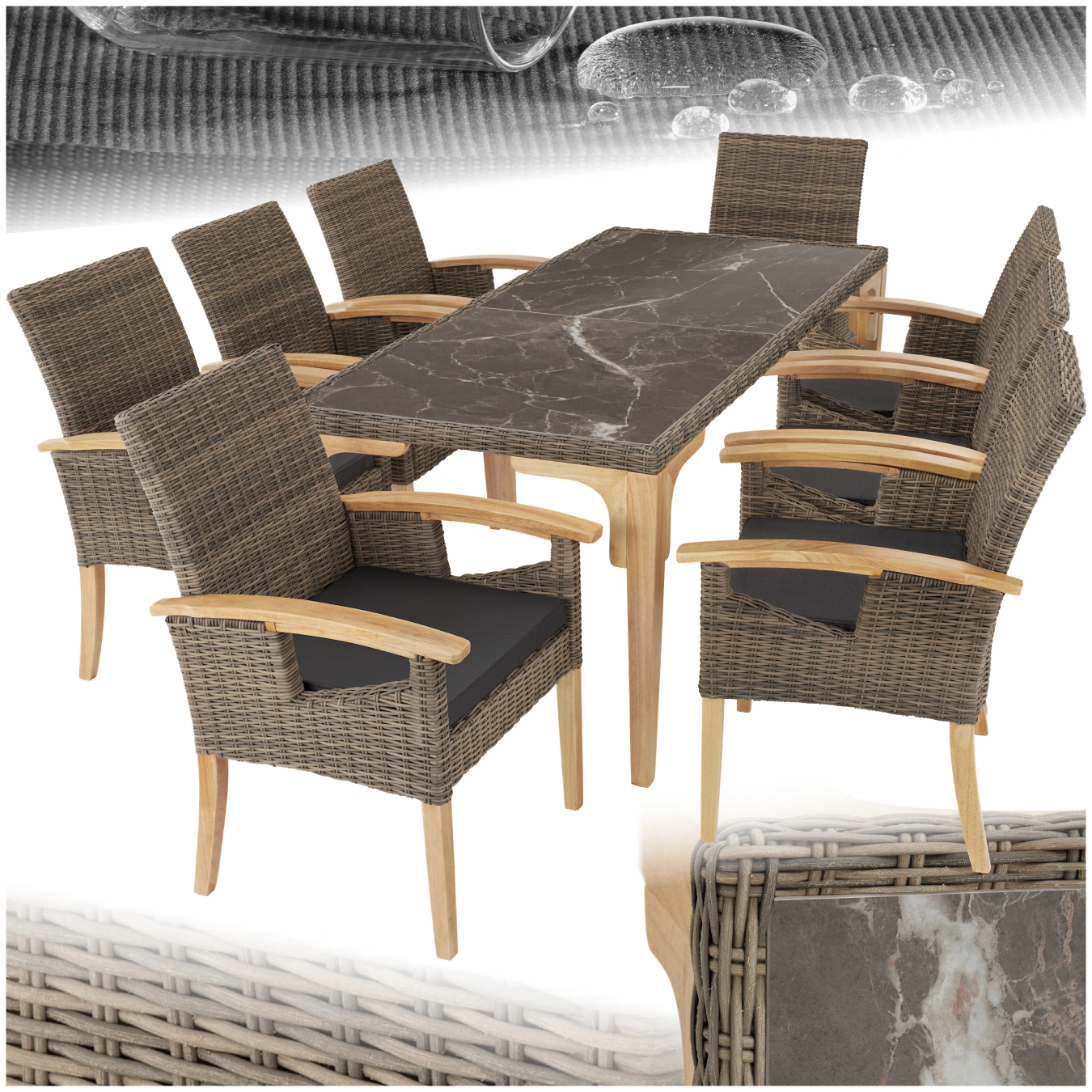 Rattan Tisch Foggia mit 8 Stühlen Rosarno - natur