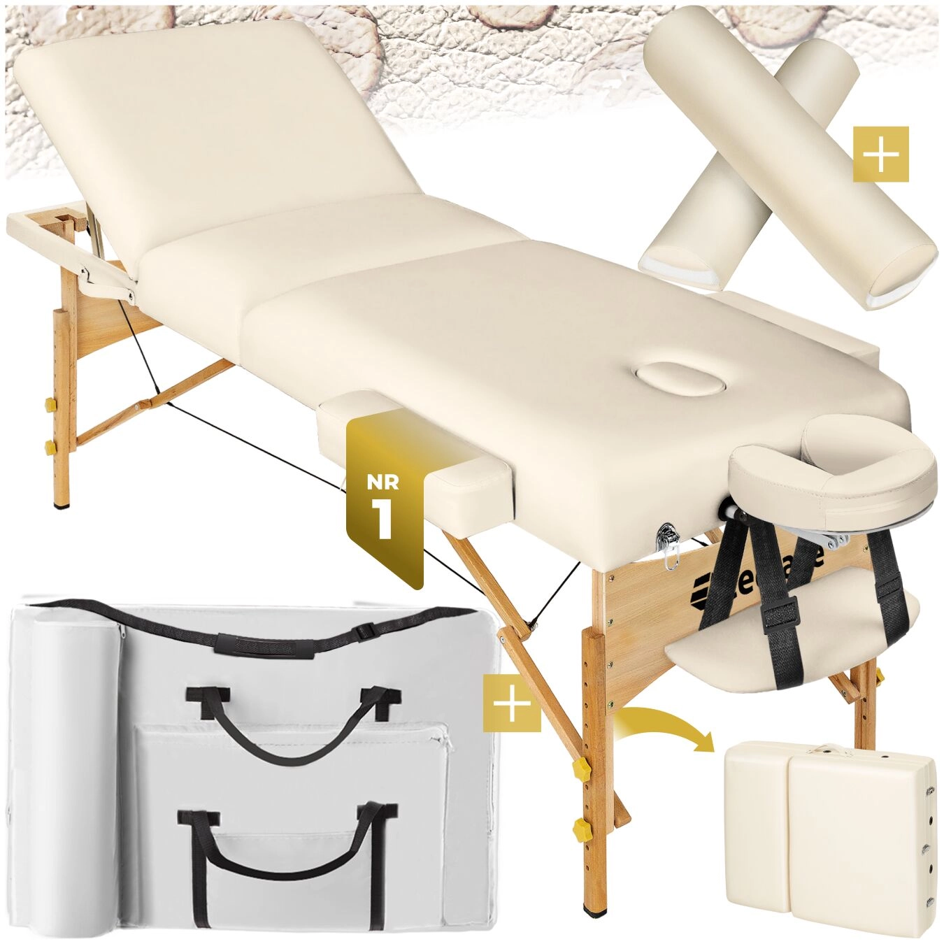 3 Zonen Massageliege-Set Somwang mit 7,5cm Polsterung, Rollen und Holzgestell - beige