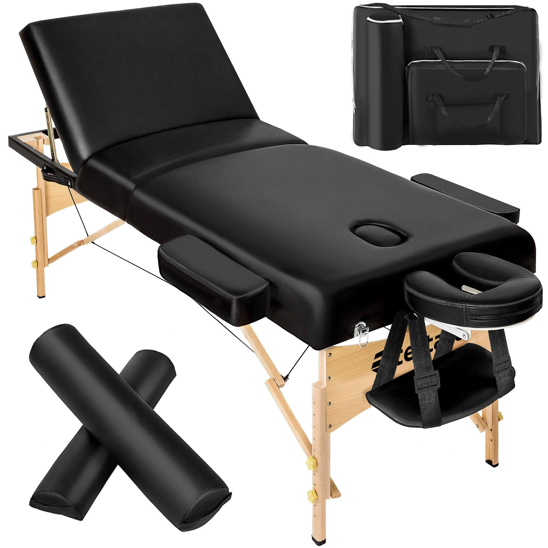 3 Zonen Massageliege-Set Somwang mit 7,5cm Polsterung, Rollen und Holzgestell - schwarz