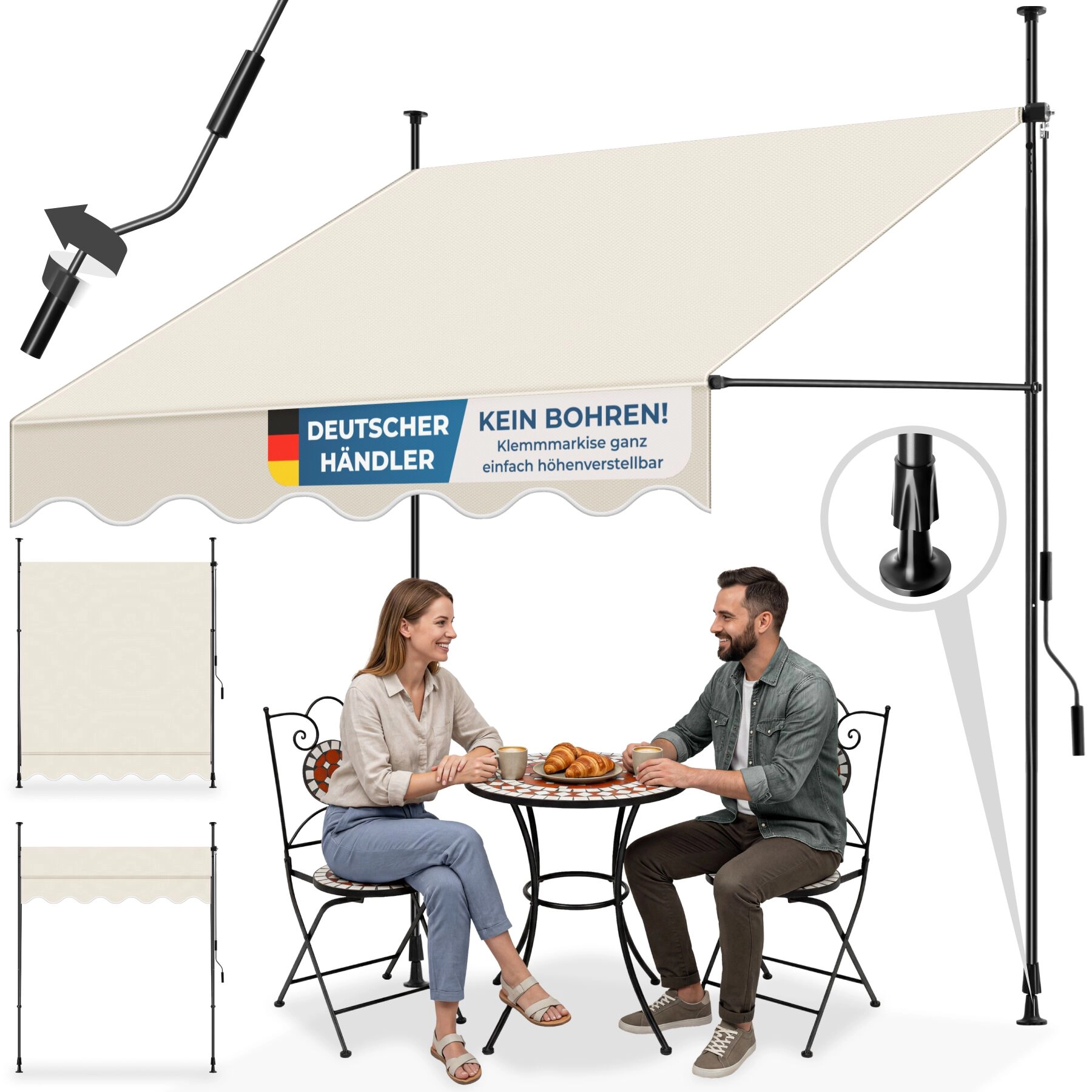 Klemmmarkise mit Handkurbel, höhenverstellbar - 150 x 180 cm, beige