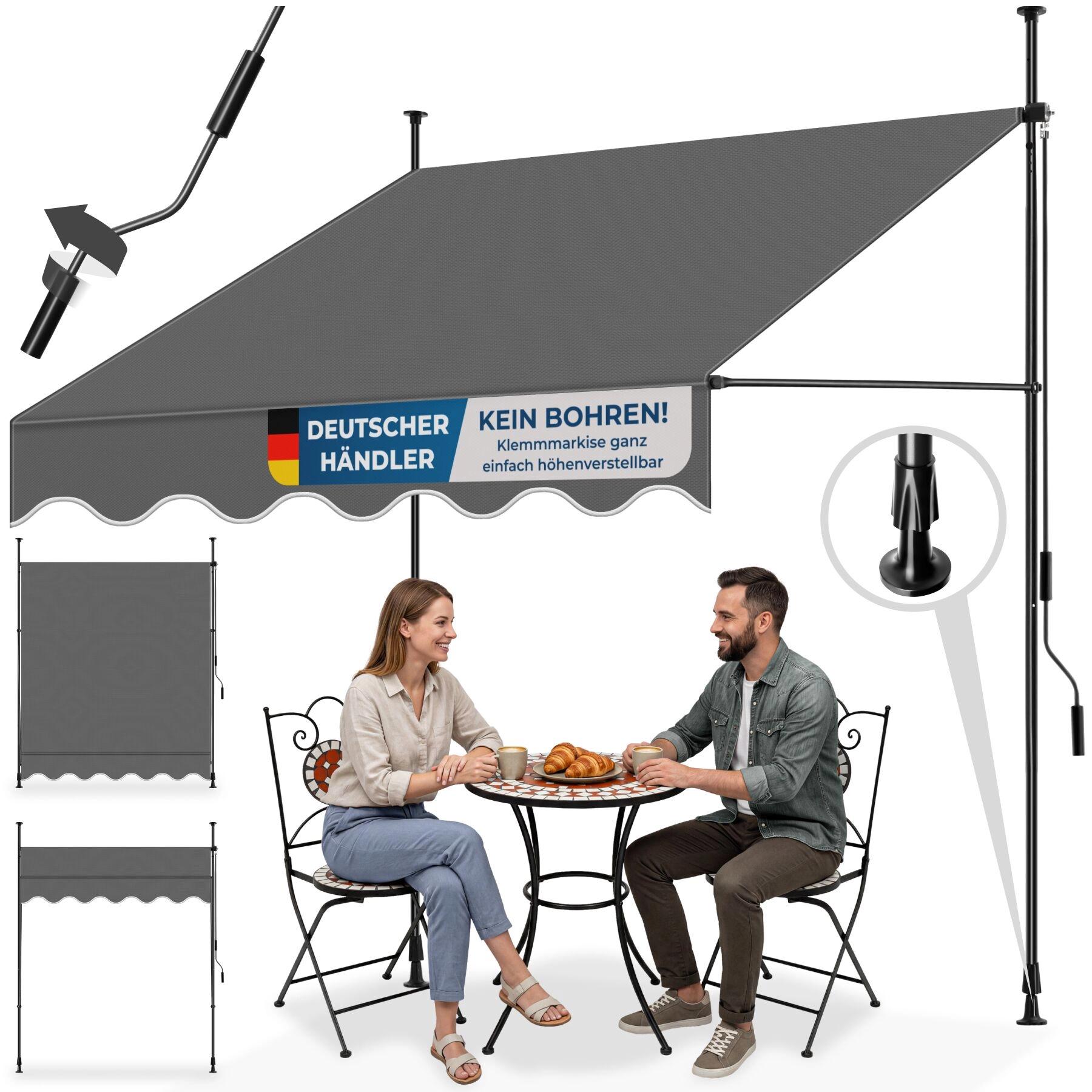 Klemmmarkise mit Handkurbel, höhenverstellbar - 150 x 180 cm, schwarz/grau