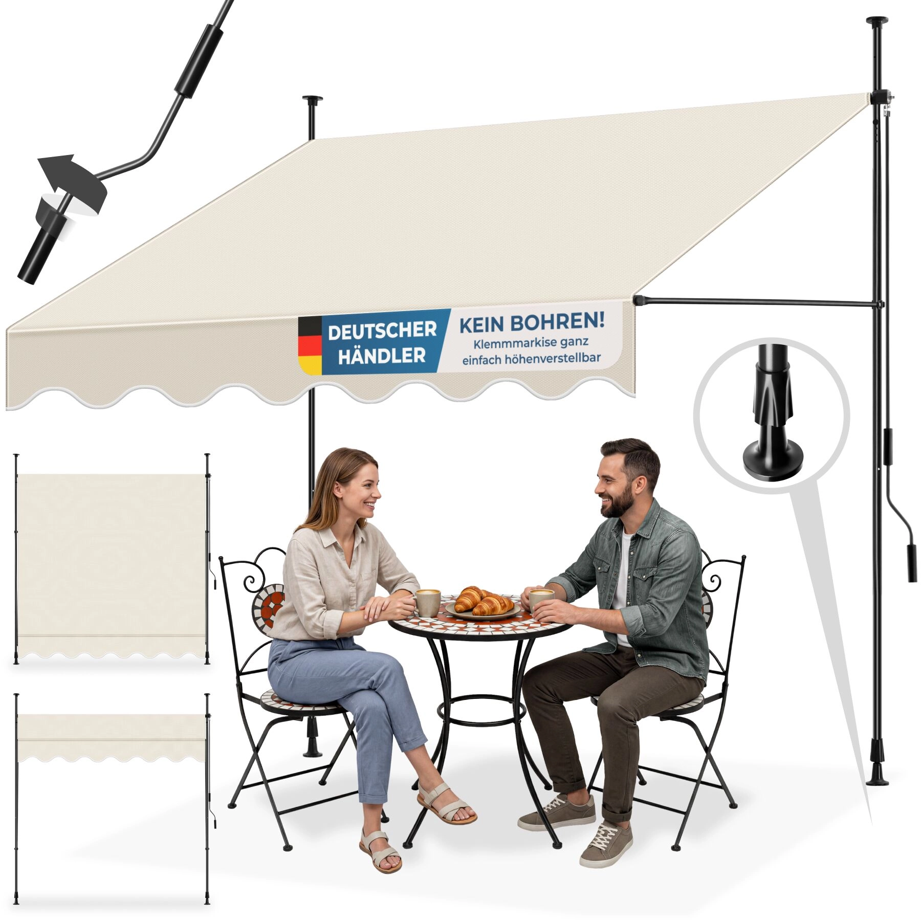 Klemmmarkise mit Handkurbel, höhenverstellbar - 200 x 180 cm, beige