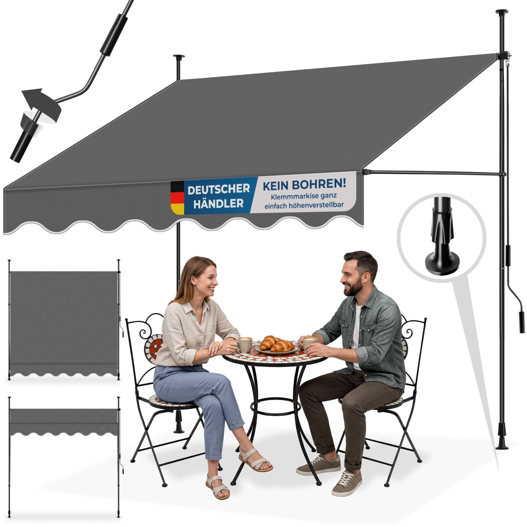 Klemmmarkise mit Handkurbel, höhenverstellbar - 200 x 180 cm, schwarz/grau