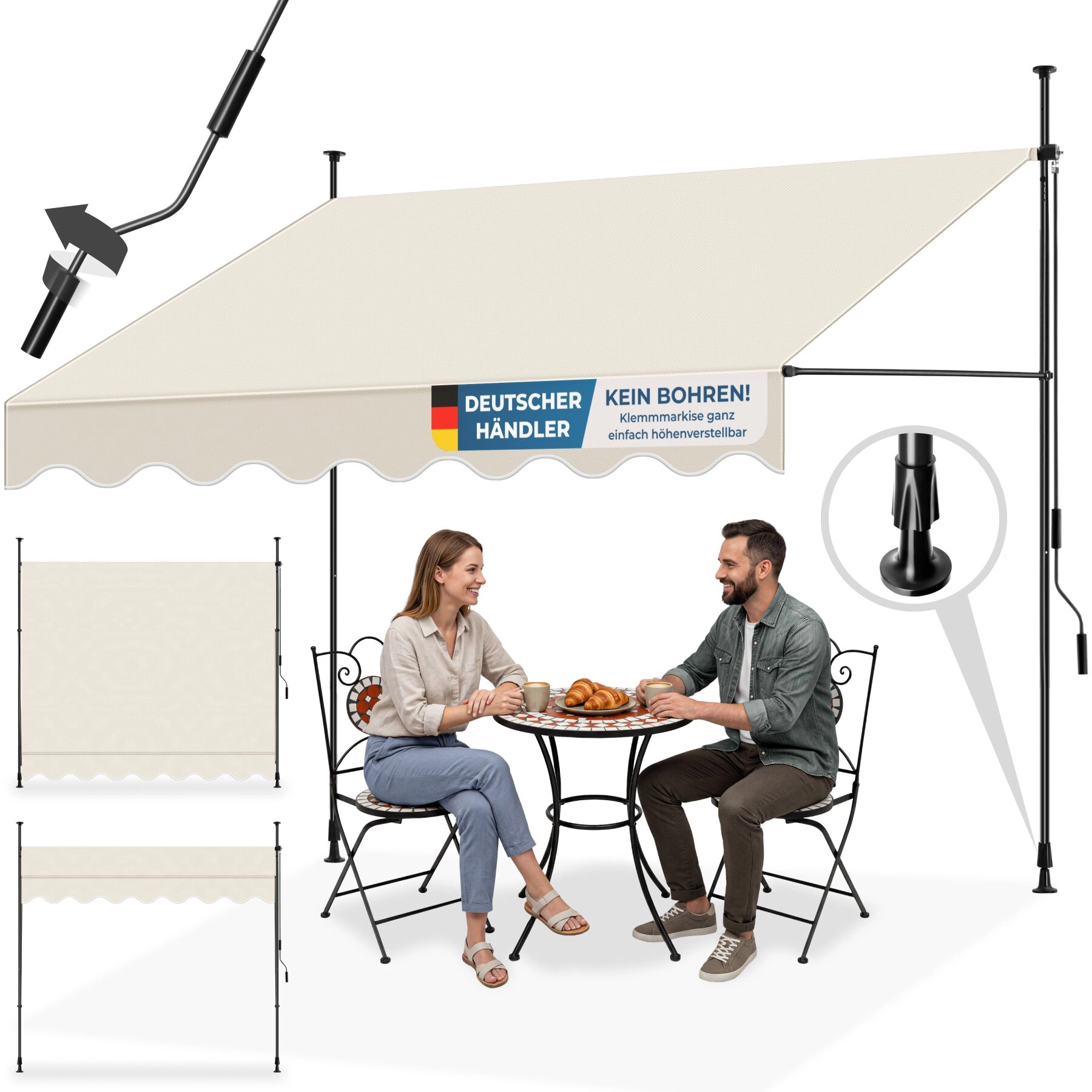 Klemmmarkise mit Handkurbel, höhenverstellbar - 250 x 180 cm, beige
