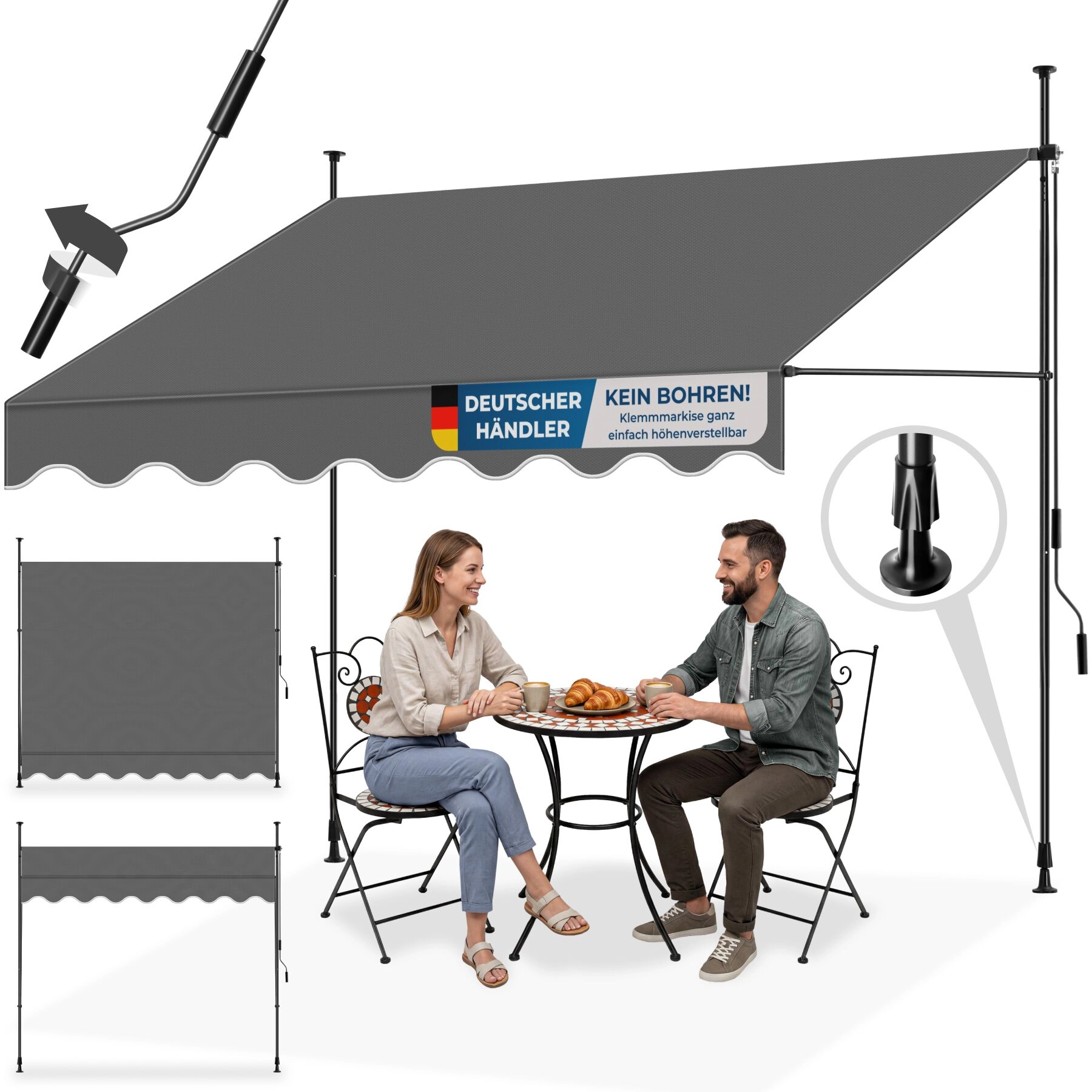 Klemmmarkise mit Handkurbel, höhenverstellbar - 250 x 180 cm, schwarz/grau