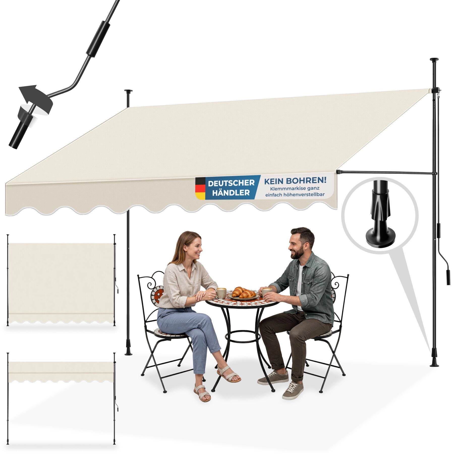 Klemmmarkise mit Handkurbel, höhenverstellbar - 300 x 180 cm, beige